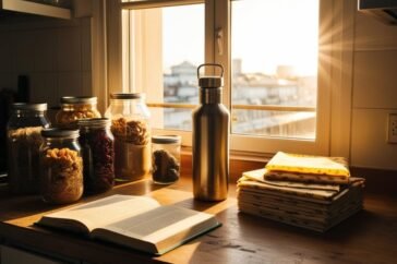 Urban apartment kitchen with zero waste living items and book for sustainable living tips