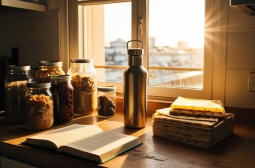 Urban apartment kitchen with zero waste living items and book for sustainable living tips