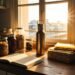 Urban apartment kitchen with zero waste living items and book for sustainable living tips