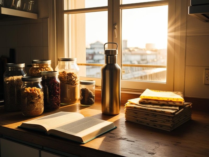 Urban apartment kitchen with zero waste living items and book for sustainable living tips